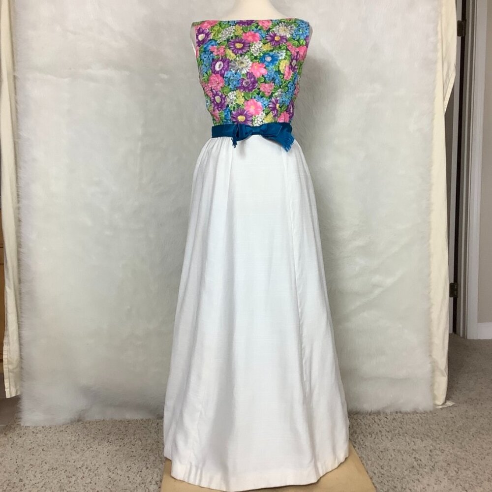 Vintage 50s 60s Off White Blue & Pink Floral Sleeveless Maxi Dress 6